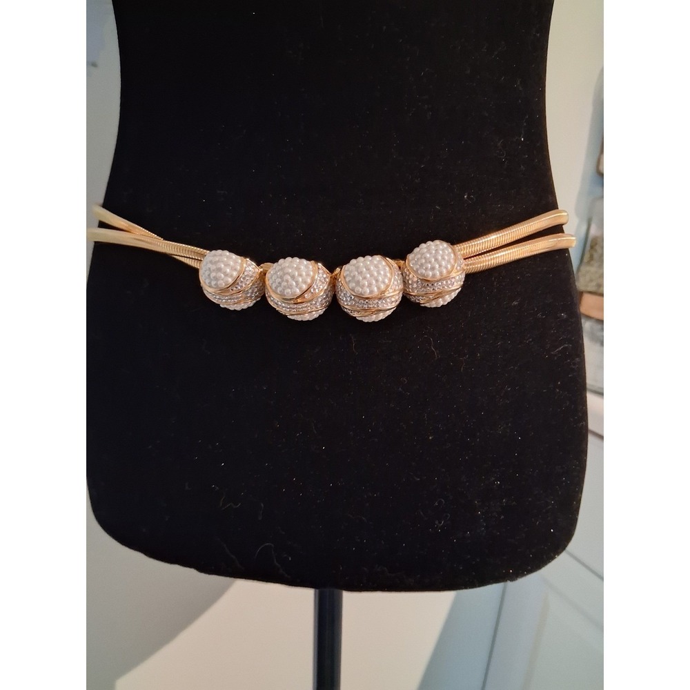 Judith Leiber Vintage Gold Double Snake Chain Belt Faux Pearl Crystal Bauble 31"